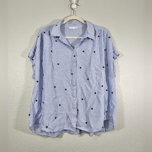 Jane + Delancey Shirt Blue Striped Button-Up Star Accents Cap Sleeve Women 2XL